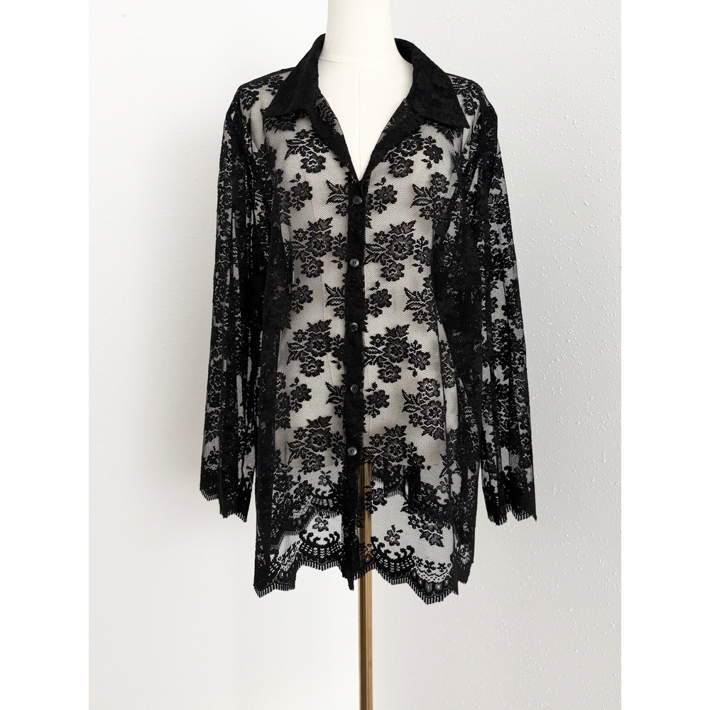 Vtg Y2K White Stag Black Sheer Floral Lace Blouse Romantic Goth Whimsigoth 2X